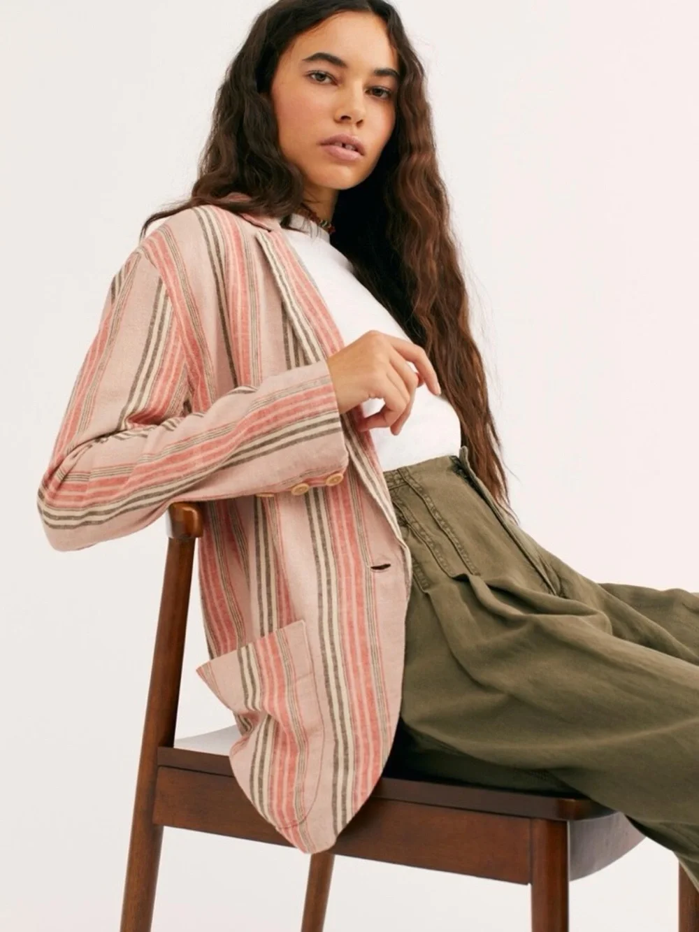 FP | Simply Stripe Hip Pockets Soft Relaxed Oversized Slouchy Blazer Jacket - Picture 2 of 15